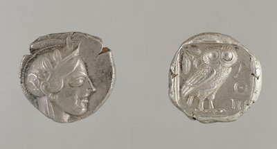 Both sides of a Drachma, featuring the head of Athena and an Owl, from Athens by Greek